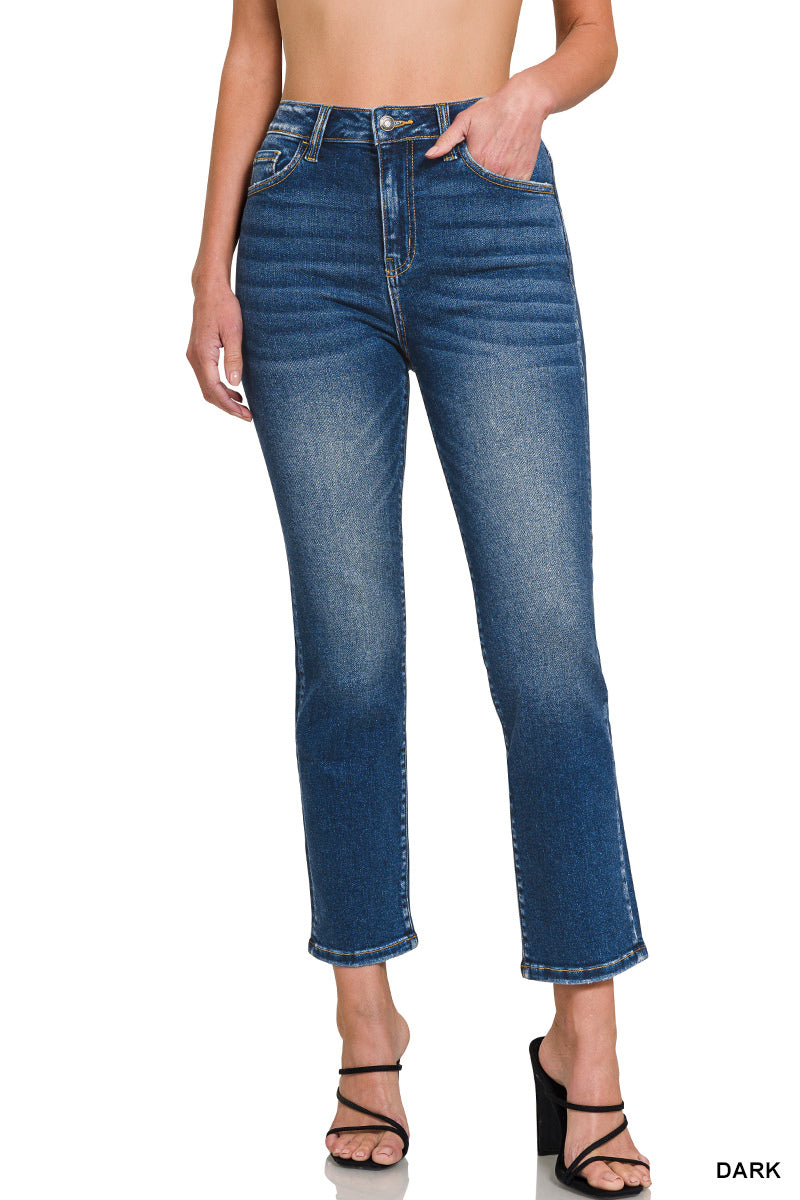 Zenana Women's Washed Cropped Straight Denim Pants - Dark - 25