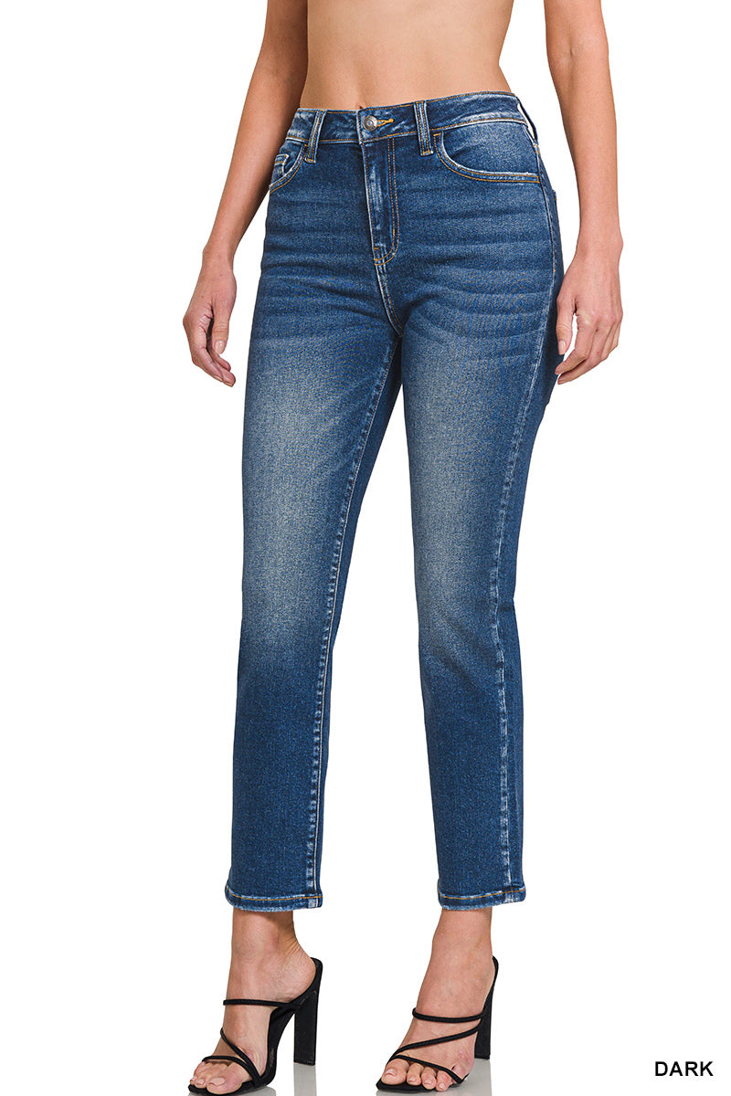 Zenana Women's Washed Cropped Straight Denim Pants - Dark - 25