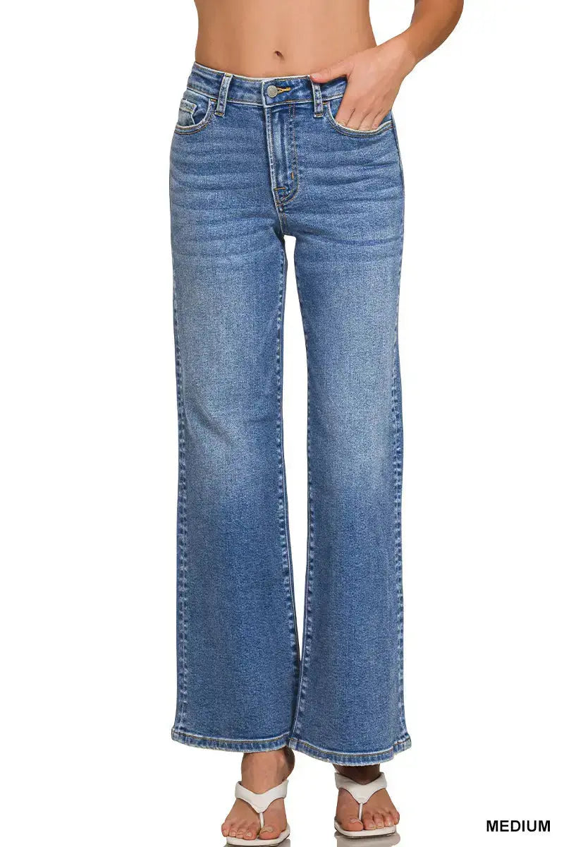 Zenana Women's Medium Wash Wide Leg Denim Pants Zenana