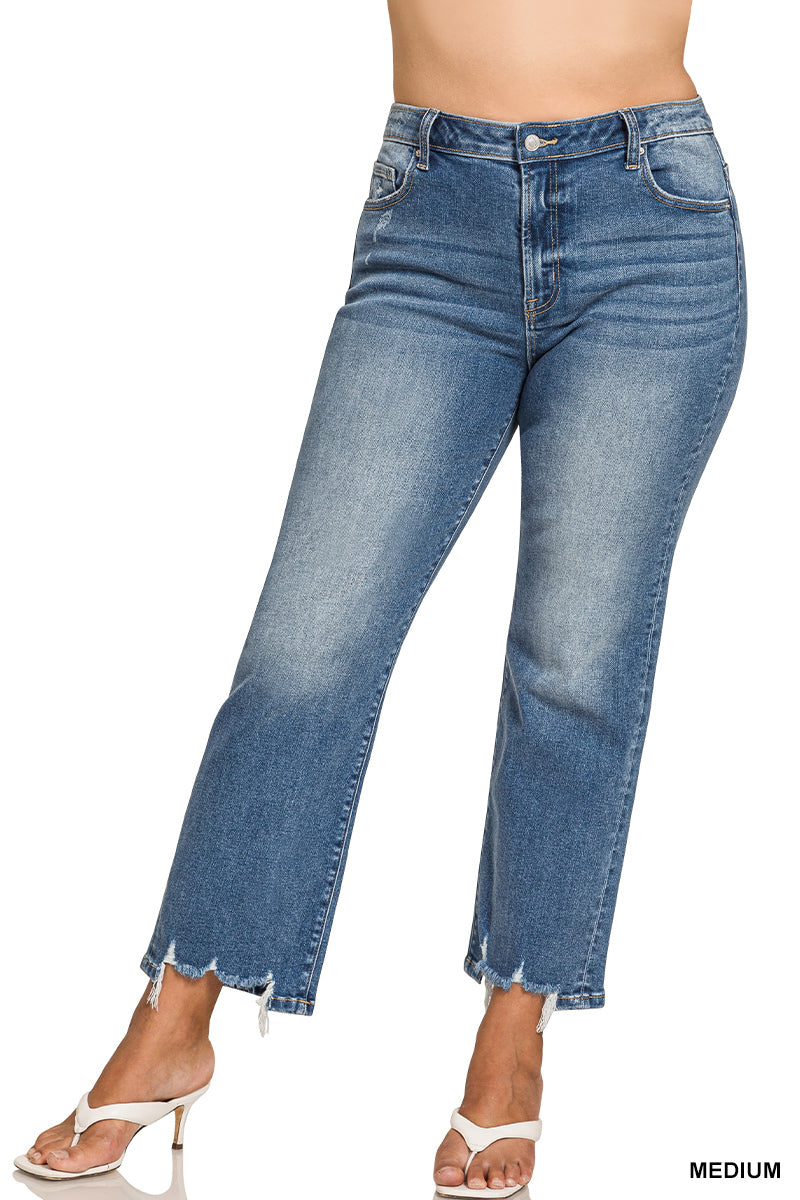 Zenana Women's Washed Cropped Plus Distressed Hem Denim Pants - Medium - 34
