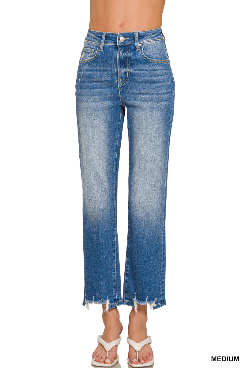 Zenana Women's Distressed Hem Denim Pants - Medium