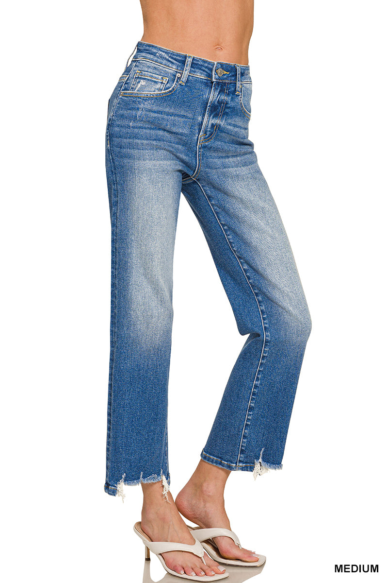 Zenana Women's Distressed Hem Denim Pants - Medium