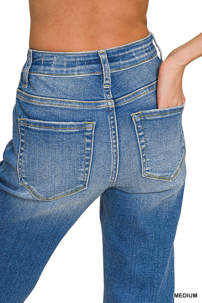 Zenana Women's Distressed Hem Denim Pants - Medium