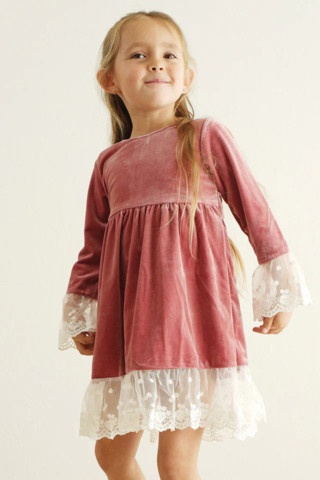 Abby & Evie Girl's Premium Dusty Pink Velvet Lace Dress