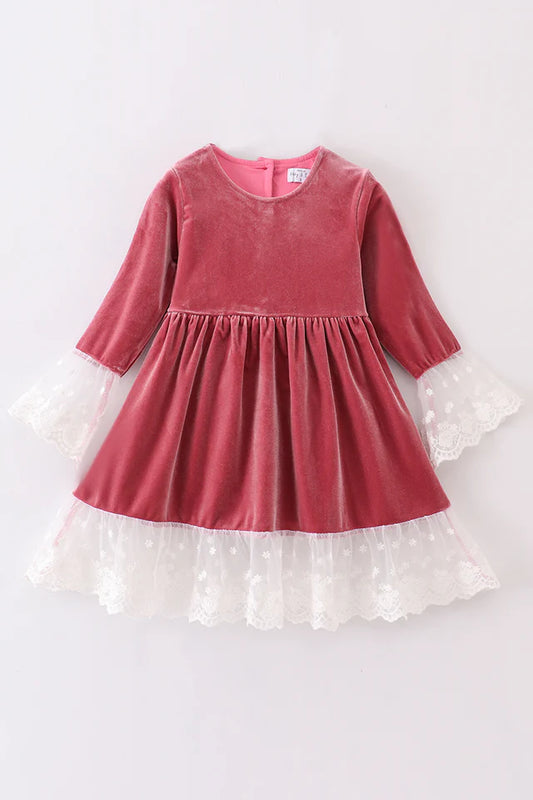 Abby & Evie Girl's Premium Dusty Pink Velvet Lace Dress
