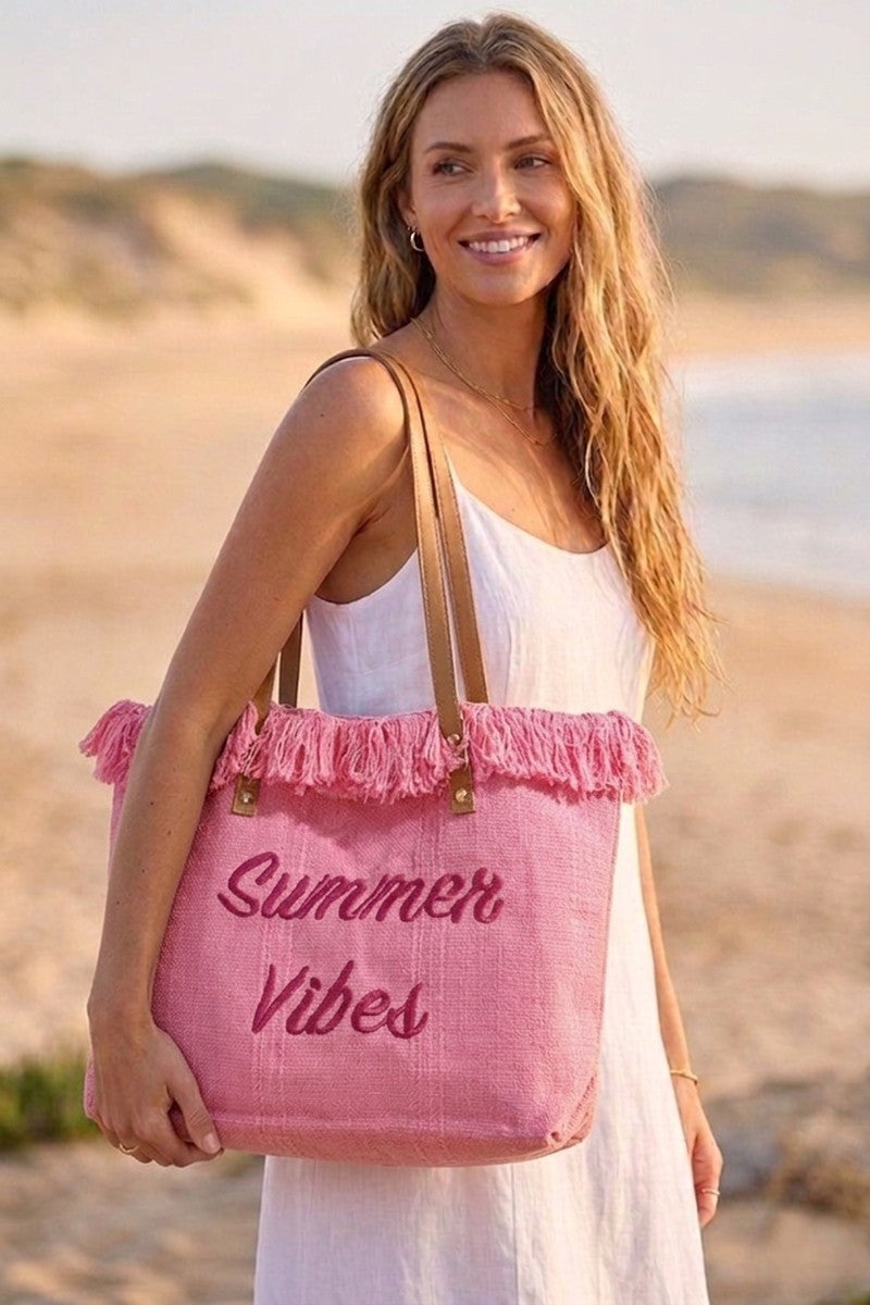 Zenana Summer Vibes Fringe Canvas Tote Bag - Fuchsia
