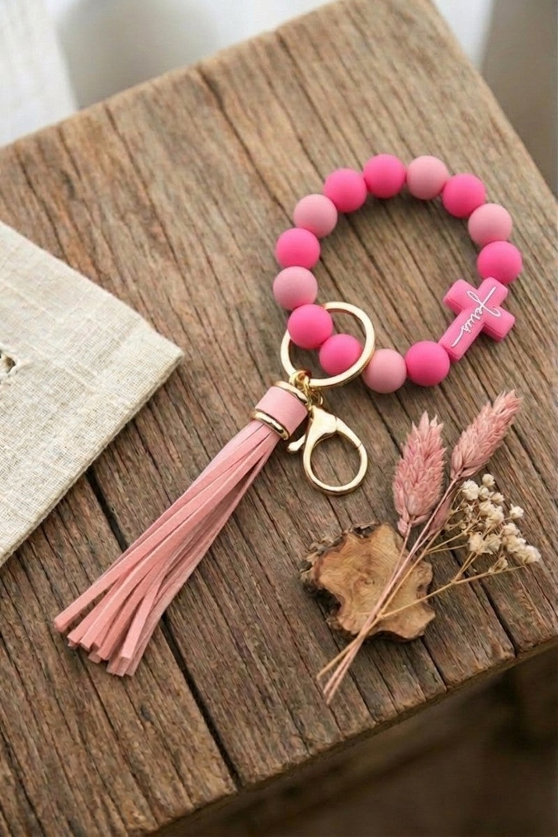 Jesus Cross Silicone Beaded Wristlet Keychain