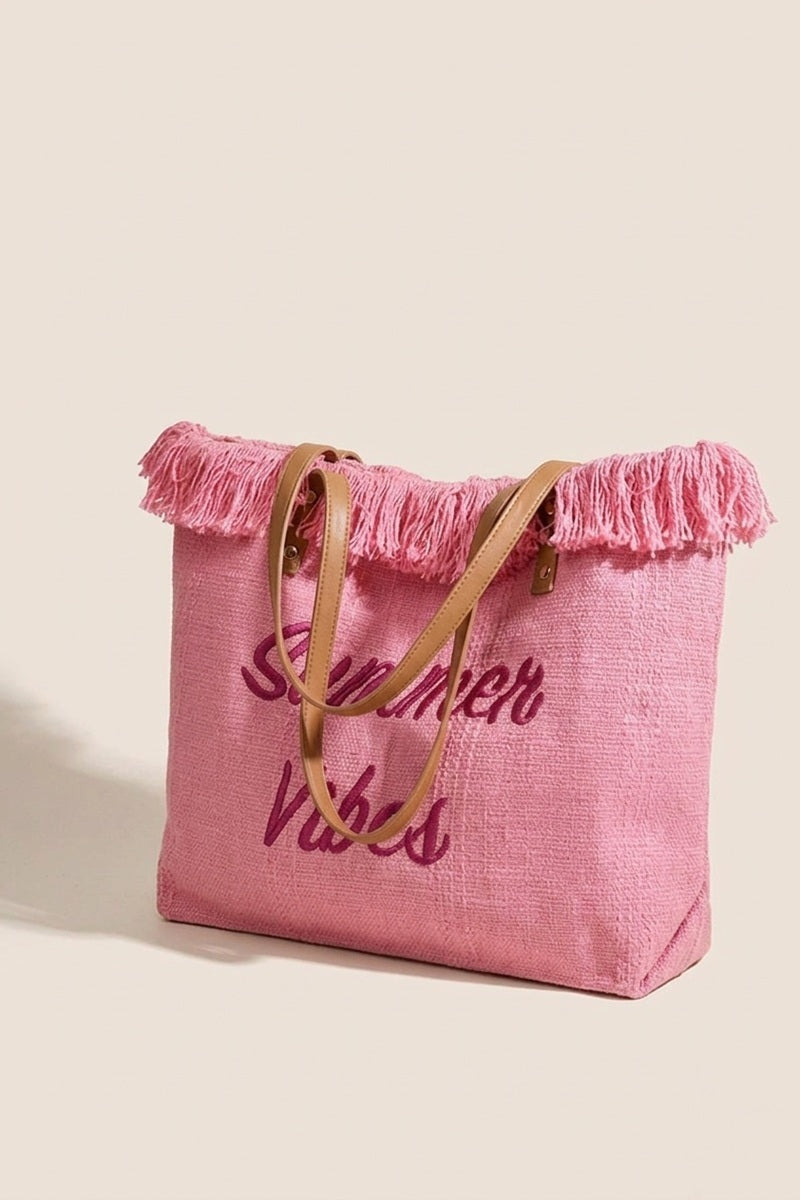 Zenana Summer Vibes Fringe Canvas Tote Bag - Fuchsia