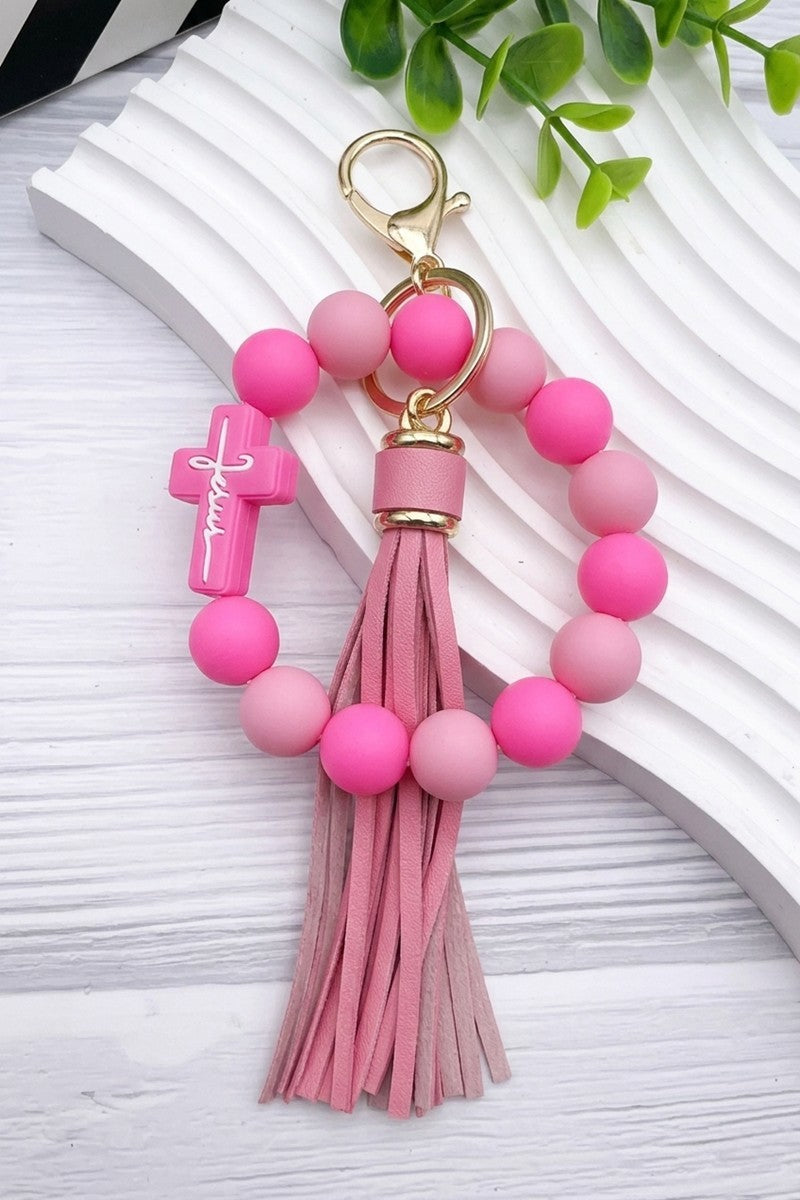 Jesus Cross Silicone Beaded Wristlet Keychain