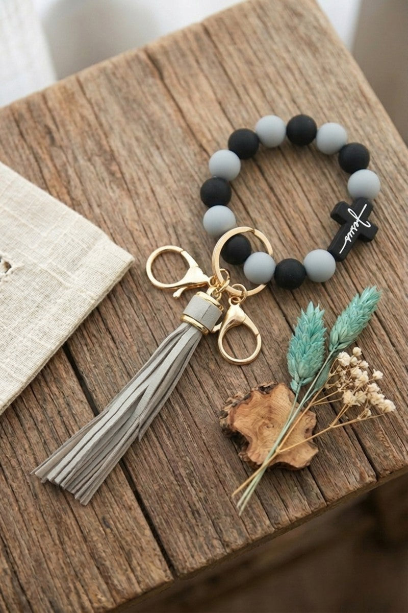 Jesus Cross Silicone Beaded Wristlet Keychain