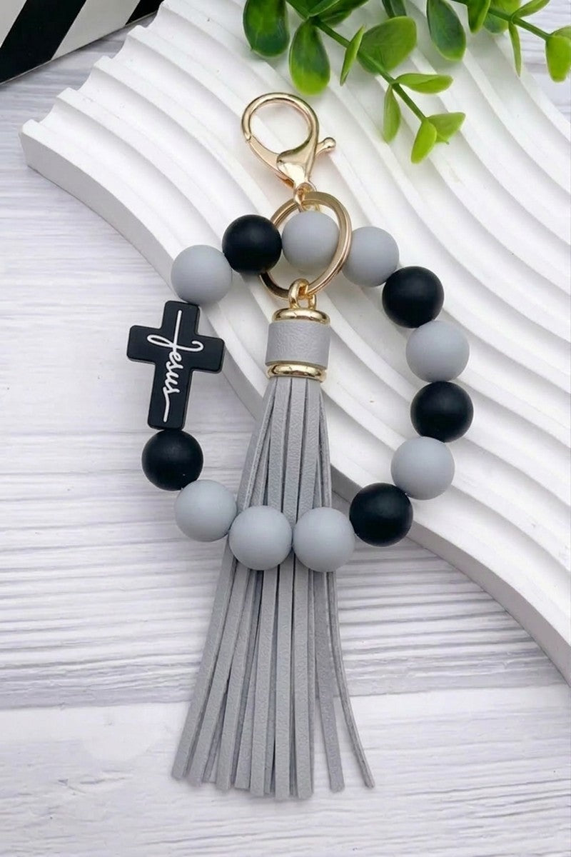 Jesus Cross Silicone Beaded Wristlet Keychain