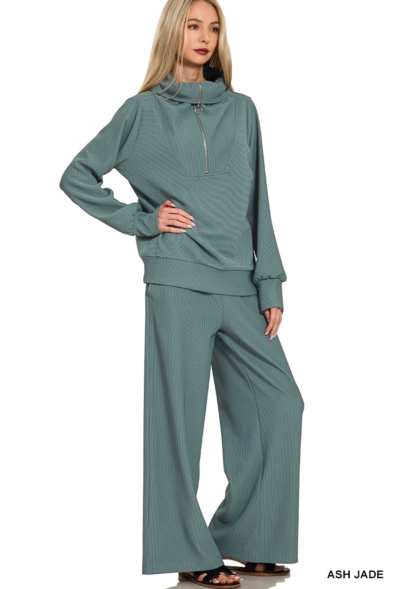 Zenana Women's Ribbed High Neck Half Zip Pullover & Pants Set - Ash Jade