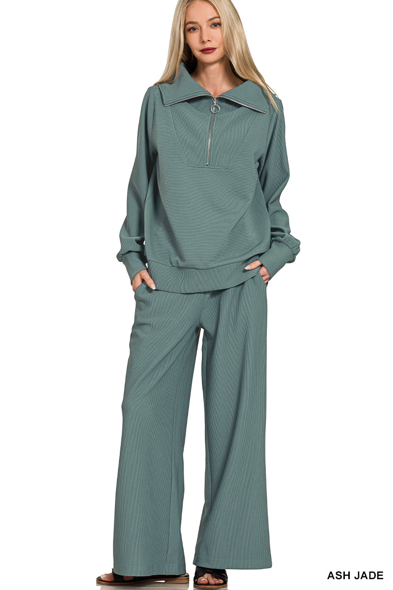 Zenana Women's Ribbed High Neck Half Zip Pullover & Pants Set - Ash Jade