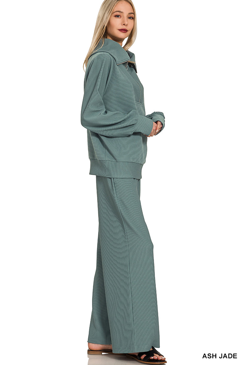 Zenana Women's Ribbed High Neck Half Zip Pullover & Pants Set - Ash Jade