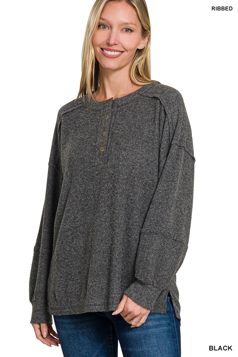 Zenana Women's Ribbed Brushed Hacci Melange Henley Sweater - Black