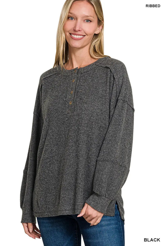 Zenana Women's Ribbed Brushed Hacci Melange Henley Sweater - Black Zenana
