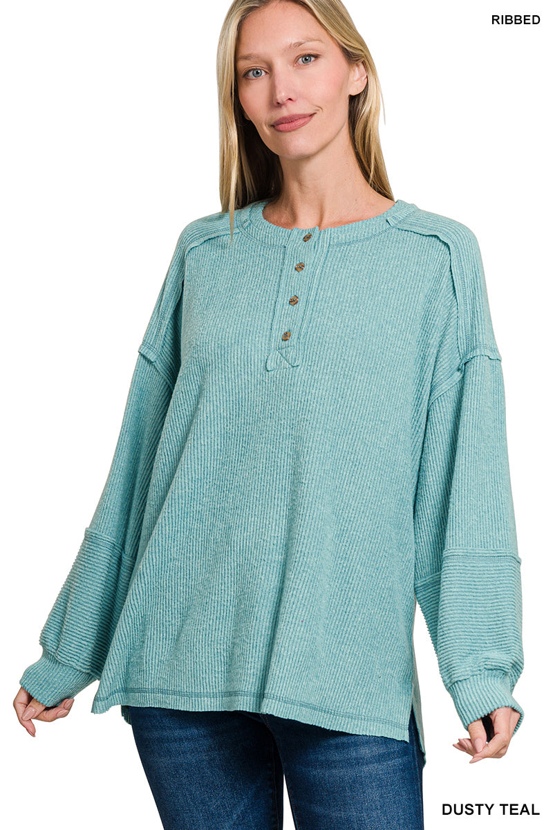 Zenana Women's Ribbed Brushed Hacci Melange Henley Sweater - Dusty Teal