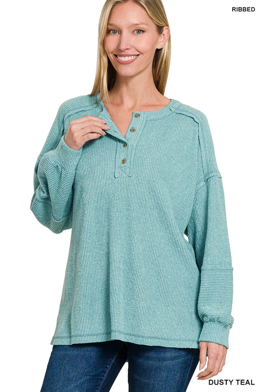 Zenana Women's Ribbed Brushed Hacci Melange Henley Sweater - Dusty Teal Zenana