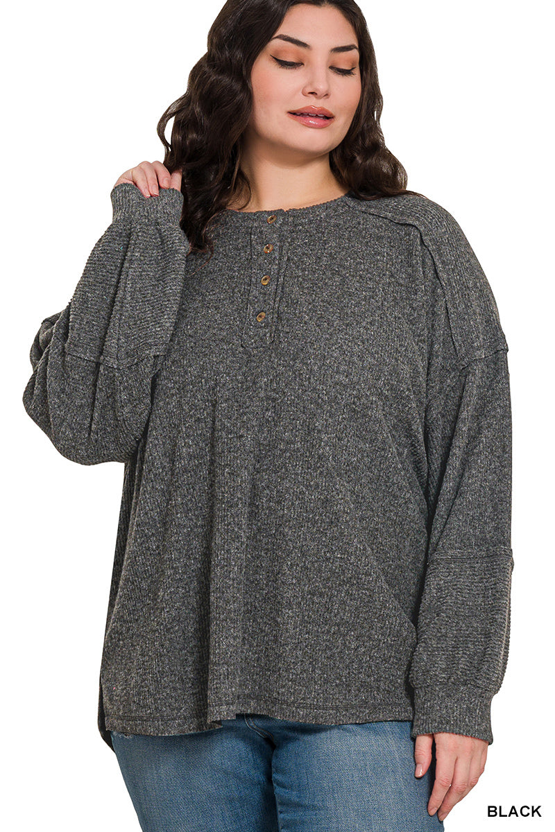 Zenana Women's Plus Ribbed Brushed Hacci Melange Henley Sweater - Black