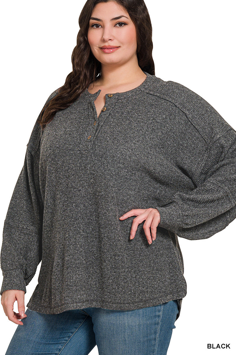 Zenana Women's Plus Ribbed Brushed Hacci Melange Henley Sweater - Black