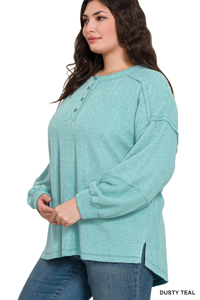 Zenana Women's Plus Ribbed Brushed Hacci Melange Henley Sweater - Dusty Teal