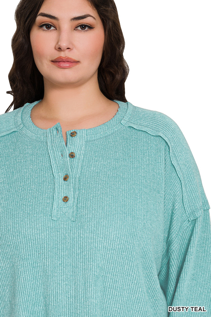 Zenana Women's Plus Ribbed Brushed Hacci Melange Henley Sweater - Dusty Teal