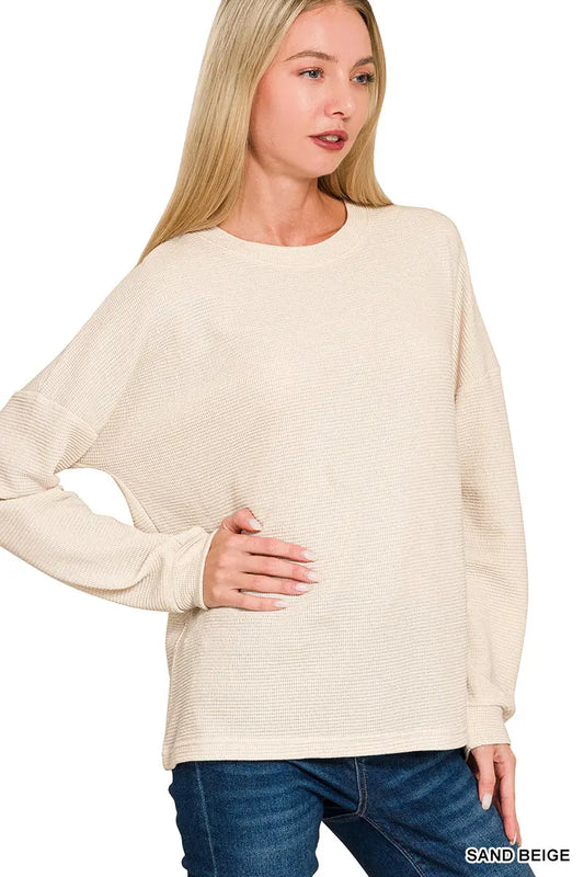 Zenana Women's Double Knit Round Neck Long Sleeve Top - Sand Beige Zenana