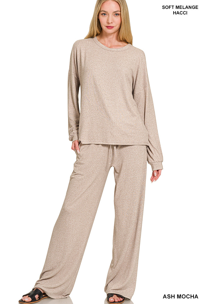Zenana Women's Soft Melange Hacci Long Slv Tee & Pants Set - Ash Mocha
