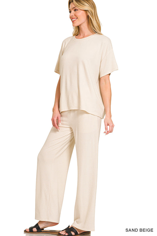 Zenana Women's Soft Melange Short Sleeve Tee & Long Pants Set - Sand Beige