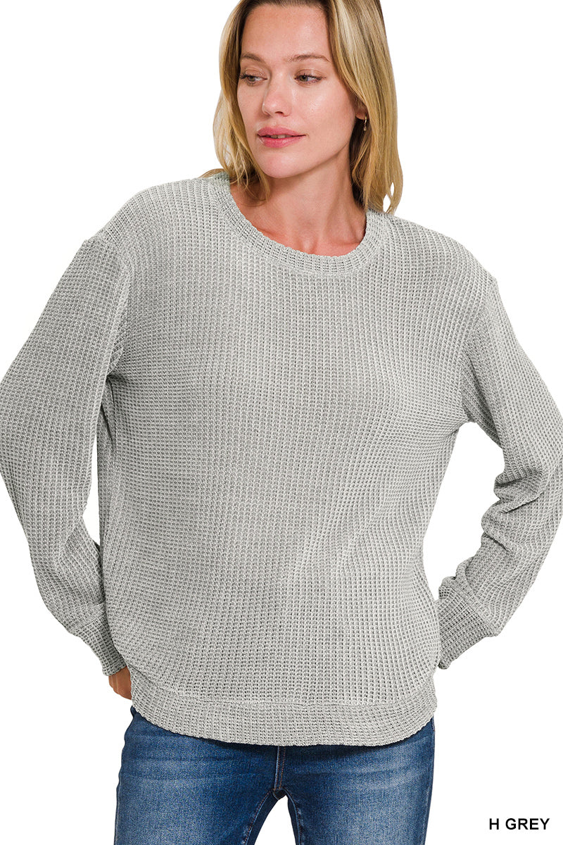 Zenana Women's Chenille Waffle Round Neck Sweater - Grey