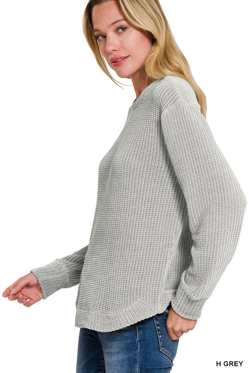 Zenana Women's Chenille Waffle Round Neck Sweater - Grey
