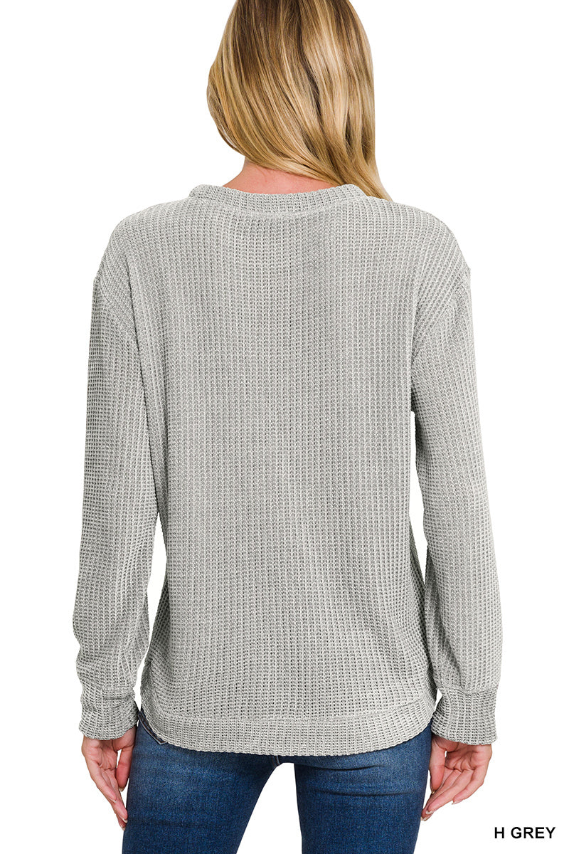 Zenana Women's Chenille Waffle Round Neck Sweater - Grey
