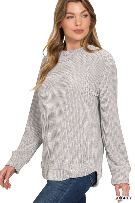 Zenana Women's Chenille Waffle Round Neck Sweater - Grey Zenana