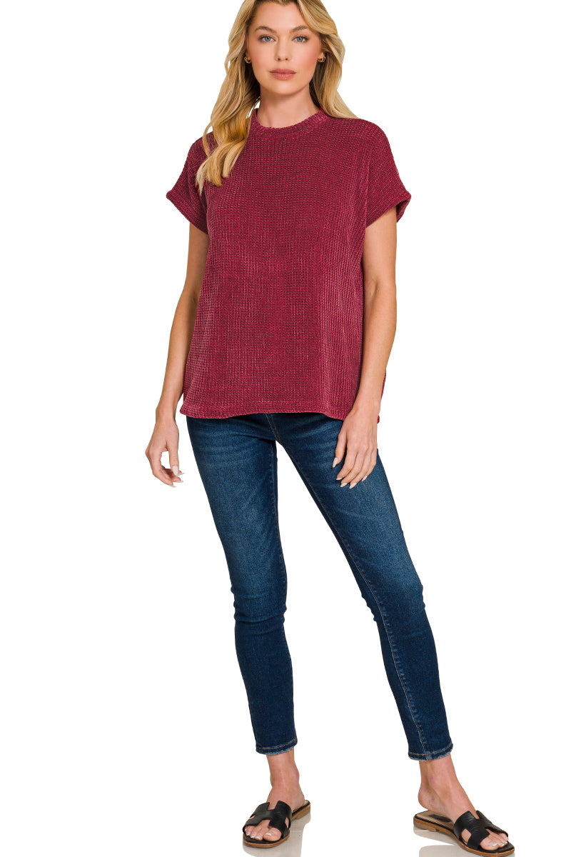 Zenana Women's Chenille Waffle Cap Sleeve Sweater - Dark Burgundy