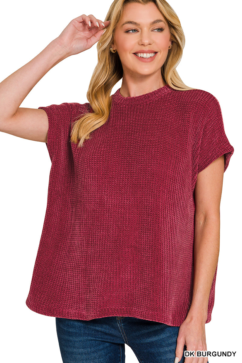 Zenana Women's Chenille Waffle Cap Sleeve Sweater - Dark Burgundy