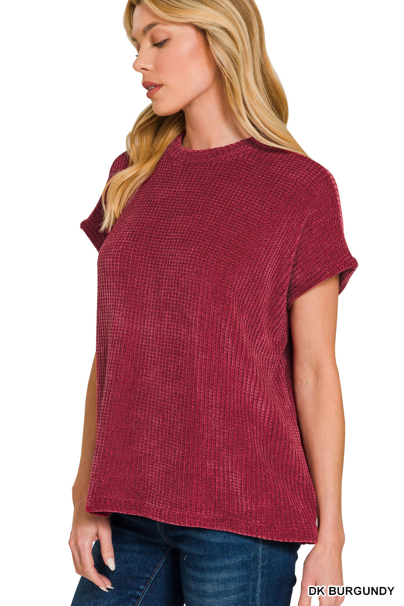Zenana Women's Chenille Waffle Cap Sleeve Sweater - Dark Burgundy
