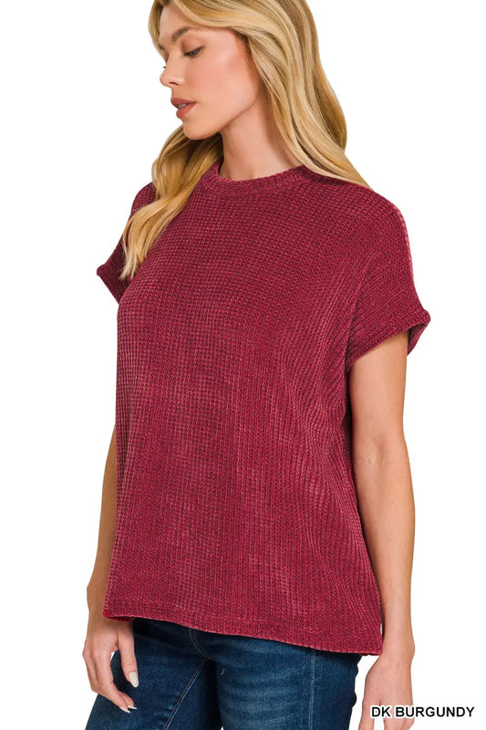 Zenana Women's Chenille Waffle Cap Sleeve Sweater - Dark Burgundy Zenana