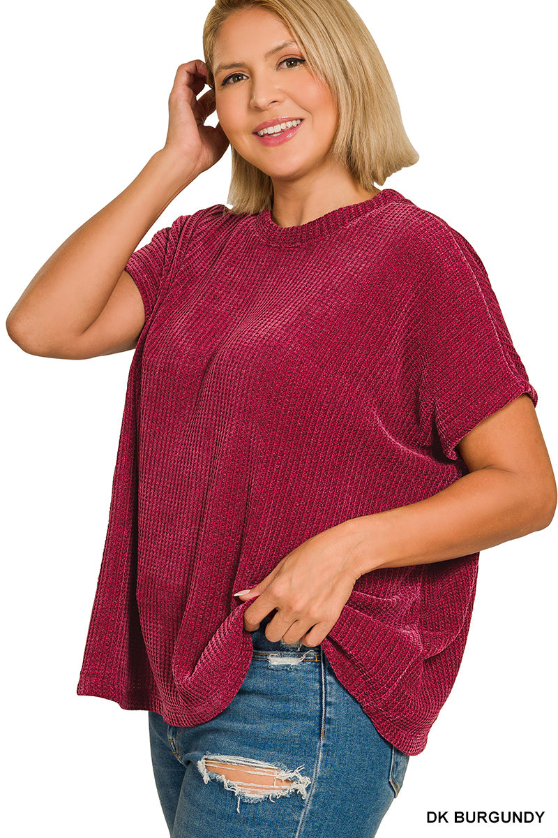 Zenana Women's Chenille Waffle Cap Sleeve Sweater - Dark Burgundy