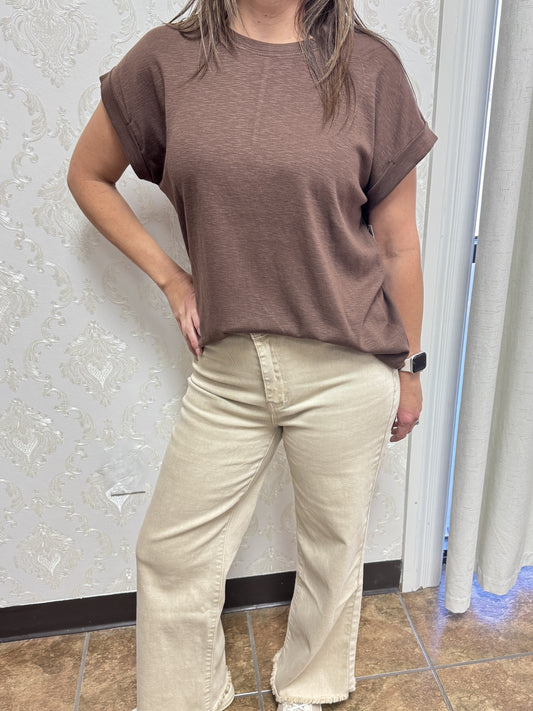 Zenana Women's Cotton Modal Slub Rolled Sleeve Tee -Brown