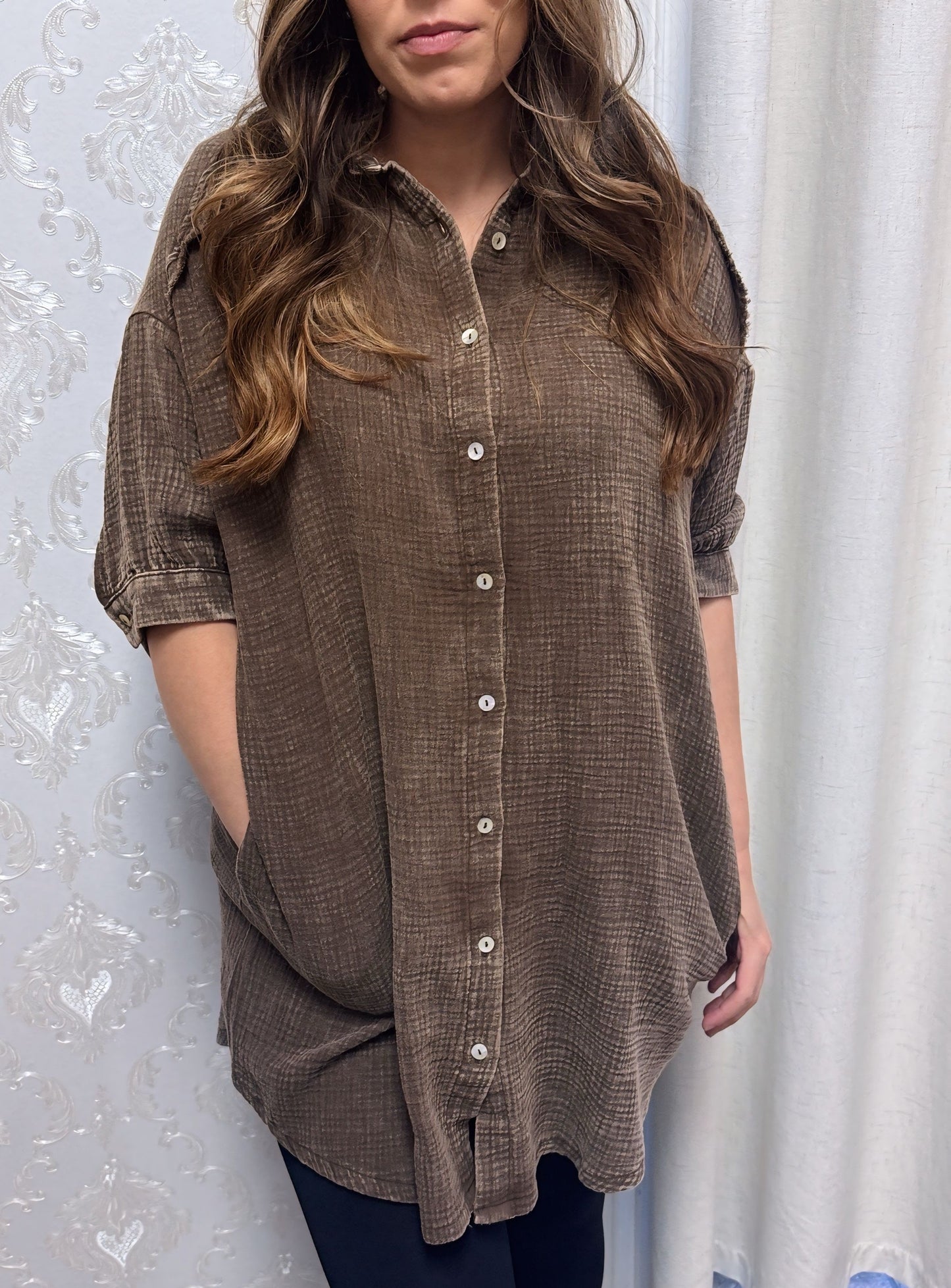 Zenana Women's Washed Double Gauze Button Down Shirt Dress with Pockets - Brown