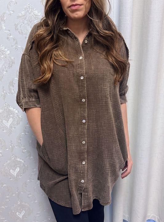 Zenana Women's Washed Double Gauze Button Down Shirt Dress with Pockets - Brown