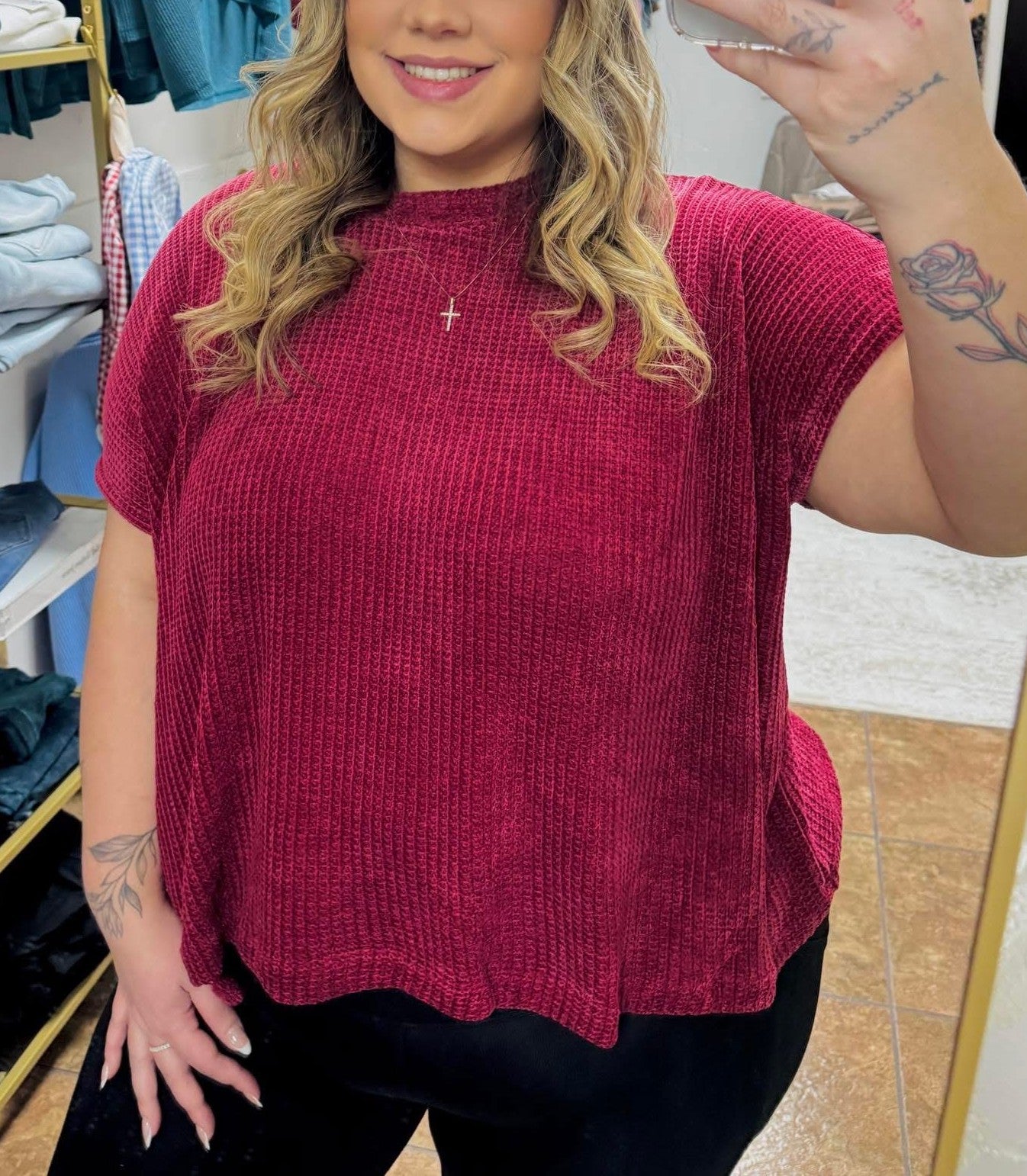 Zenana Women's Plus Chenille Waffle Cap Sleeve Sweater - Dark Burgundy