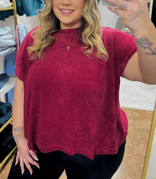 Zenana Women's Plus Chenille Waffle Cap Sleeve Sweater - Dark Burgundy