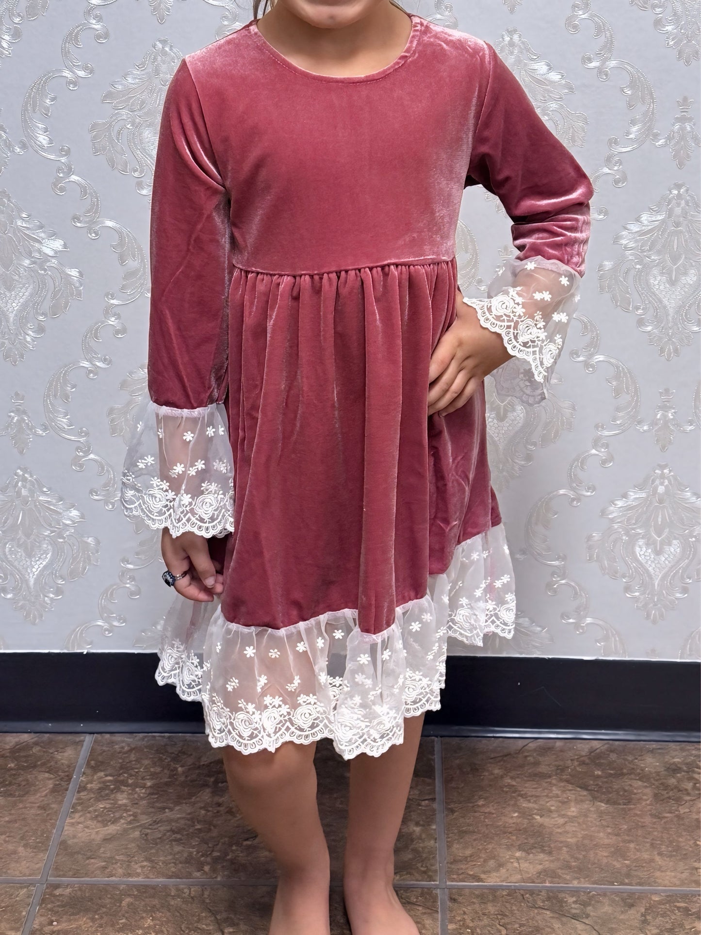 Abby & Evie Girl's Premium Dusty Pink Velvet Lace Dress
