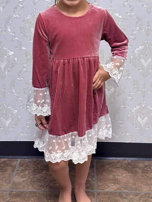 Abby & Evie Girl's Premium Dusty Pink Velvet Lace Dress