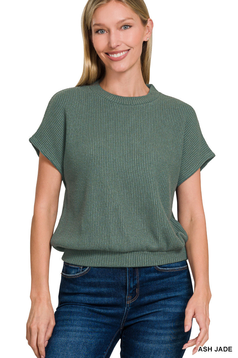 Zenana Women's Round Neck Banded Short Sleeve Sweater - Ash Jade