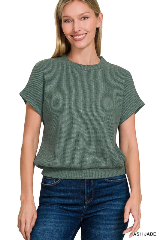 Zenana Women's Round Neck Banded Short Sleeve Sweater - Ash Jade Zenana