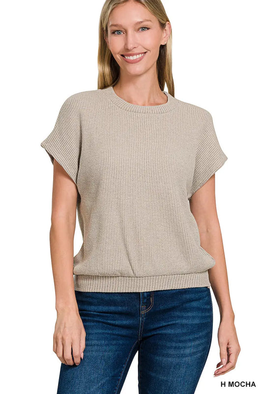 Round Neck Banded Short Sleeve Sweater
