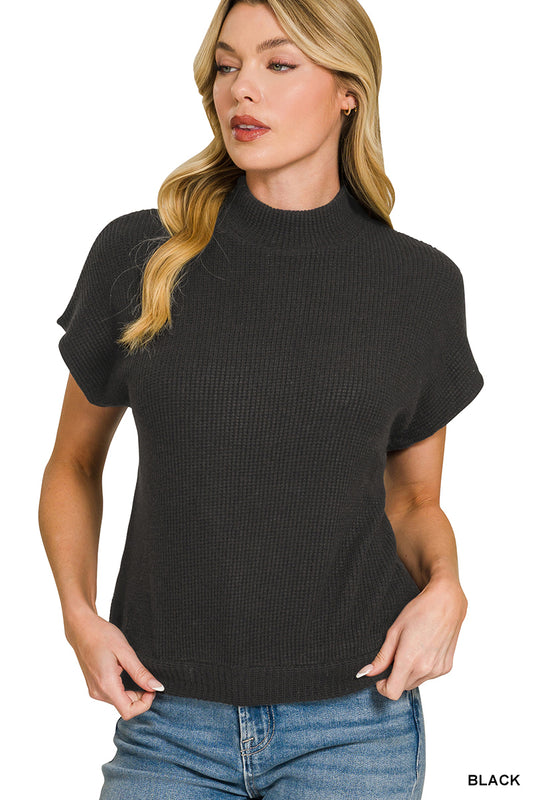 Zenana Women's Mock Neck Short Sleeve Sweater - Black