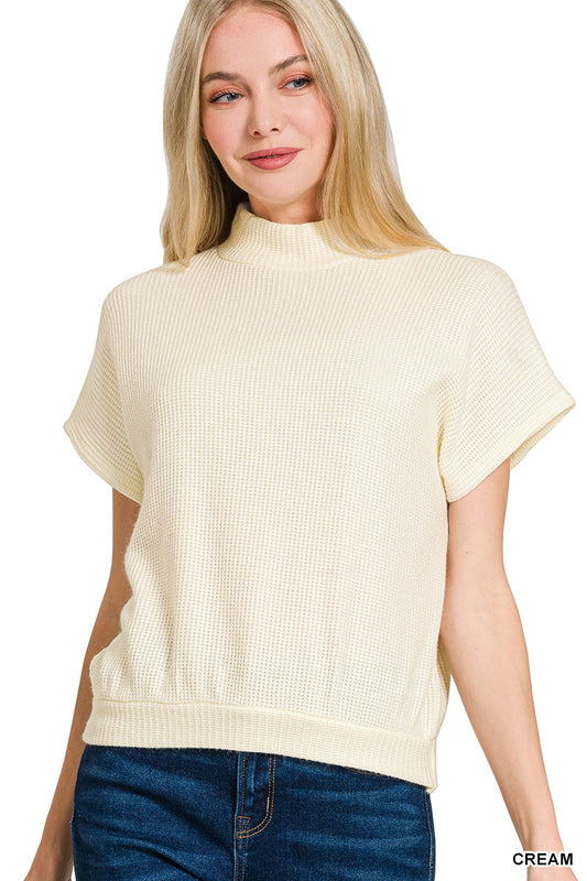 Zenana Women's Mock Neck Short Sleeve Sweater - Cream